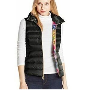 Lilly Pulitzer Allie Packable Down Puffer Vest Navy Floral Lining Gold Zip SizeL
